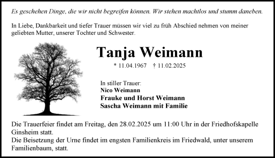 Traueranzeige von Tanja Weimann von Allgemeine Zeitung Mainz