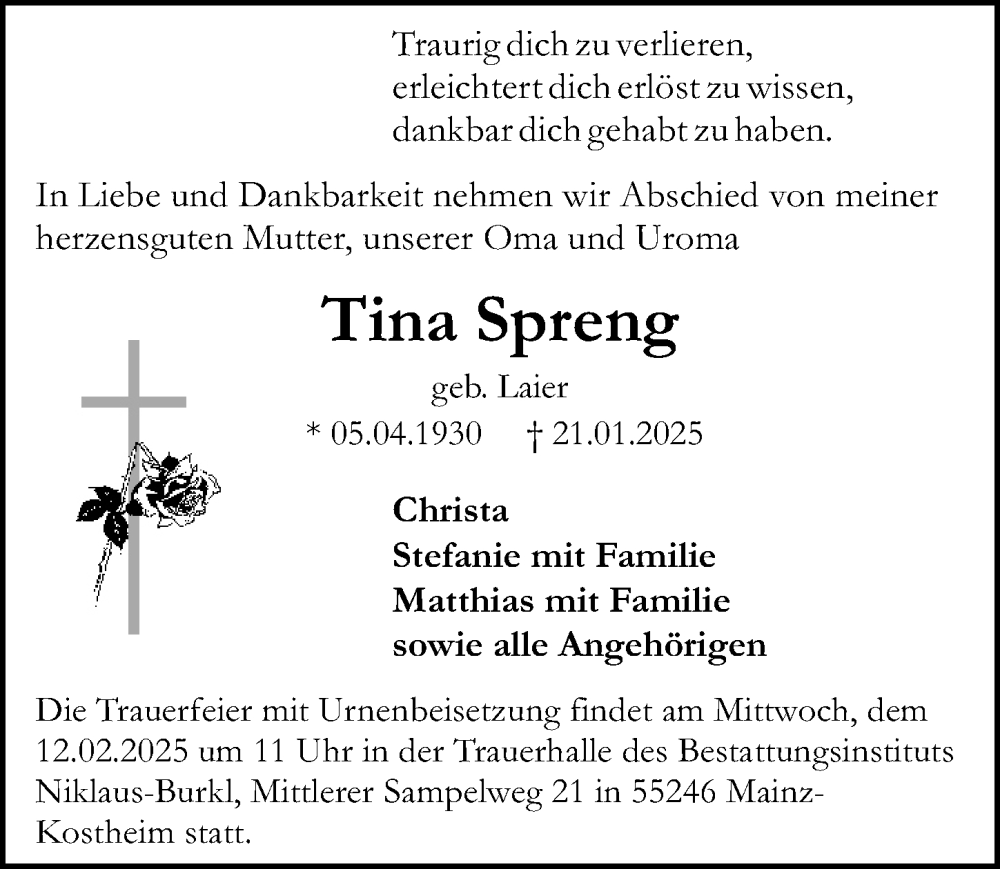  Traueranzeige für Tina Spreng vom 01.02.2025 aus Allgemeine Zeitung Mainz