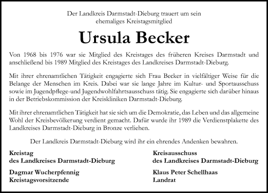 Traueranzeige von Ursula Becker von Darmstädter Echo