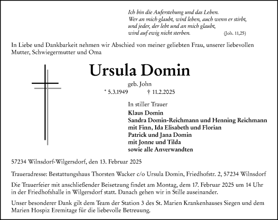Traueranzeige von Ursula Domin von Dill Block