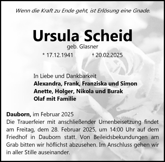 Traueranzeige von Ursula Scheid von Camberger Anzeiger