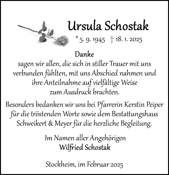 Traueranzeige von Ursula Schostak von Odenwälder Echo
