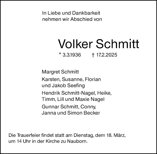 Traueranzeige von Volker Schmitt von Wetzlarer Neue Zeitung