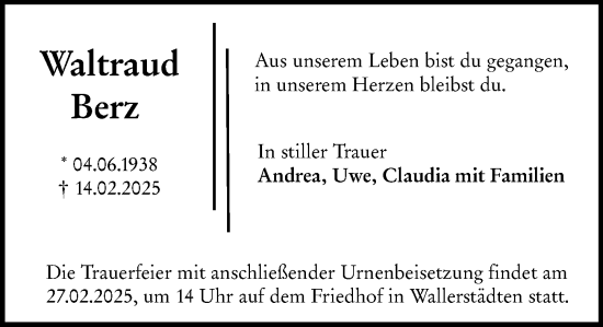 Traueranzeige von Waltraud Berz von Groß-Gerauer Echo