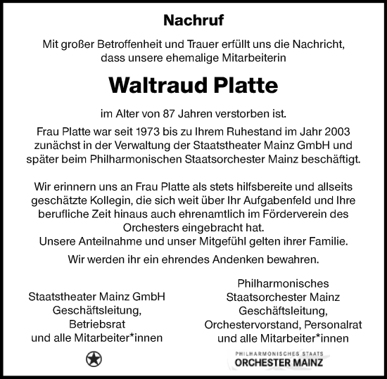 Traueranzeige von Waltraud Platte von Allgemeine Zeitung Mainz