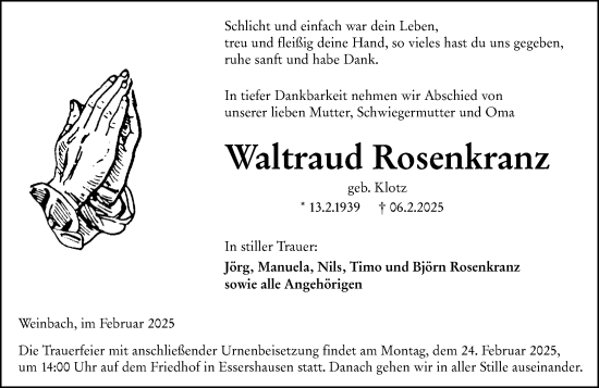 Traueranzeige von Waltraud Rosenkranz von Weilburger Tageblatt