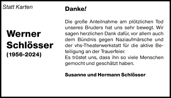 Traueranzeige von Werner Schlösser von Wormser Zeitung