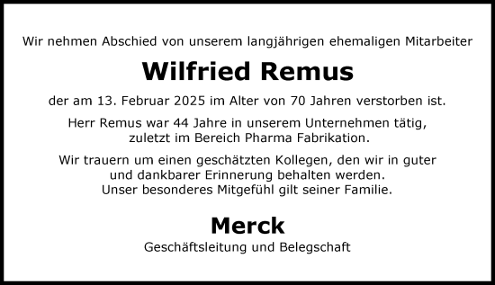 Traueranzeige von Wilfried Remus von Darmstädter Echo