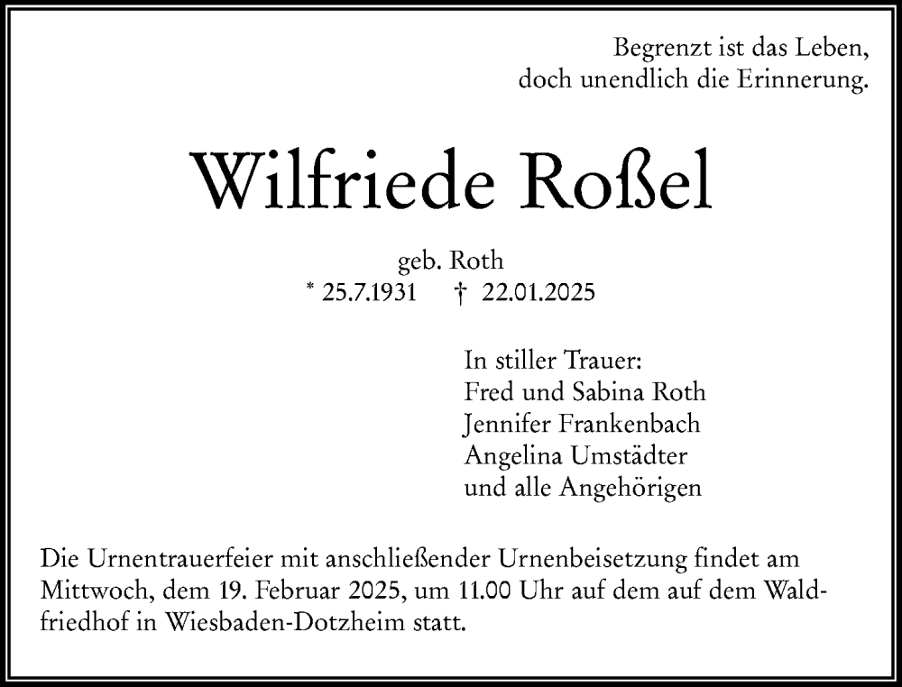  Traueranzeige für Wilfriede Roßel vom 08.02.2025 aus Wiesbadener Kurier