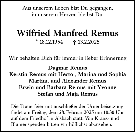 Traueranzeige von Wilfried Manfred Remus von Darmstädter Echo