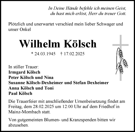 Traueranzeige von Wilhelm Kölsch von Allgemeine Zeitung Mainz
