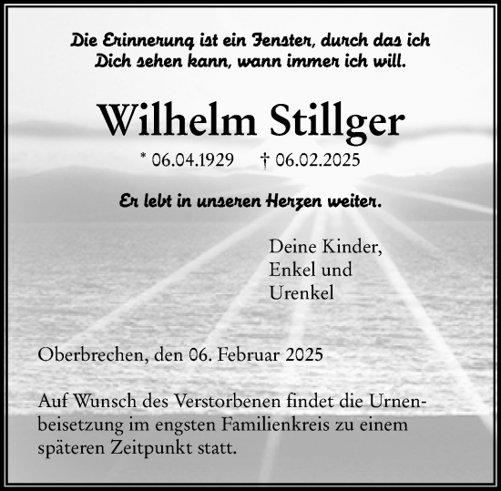 Traueranzeige von Wilhelm Stillger von Nassauische Neue Presse