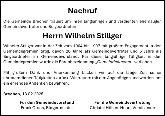 Traueranzeige von Wilhelm Stillger von Camberger Anzeiger