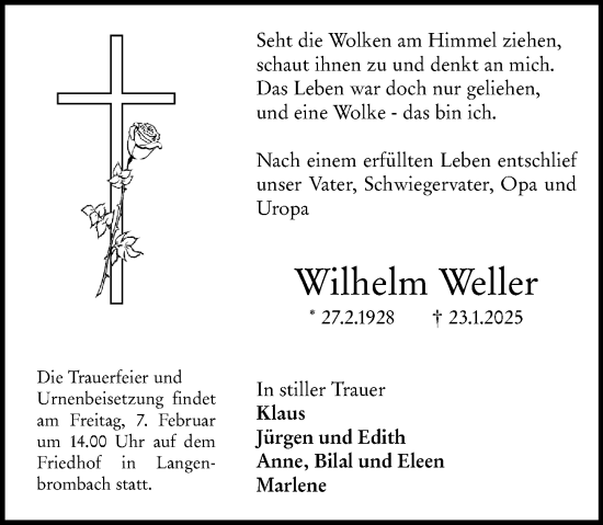 Traueranzeige von Wilhelm Weller von Odenwälder Echo