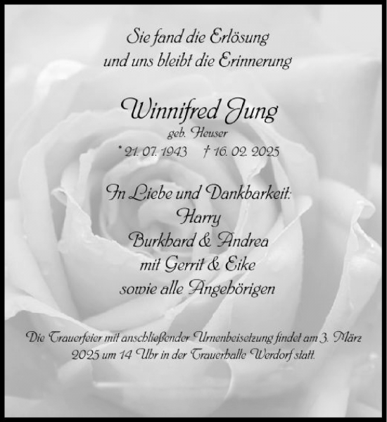 Traueranzeige von Winnifred Jung von Wetzlarer Neue Zeitung