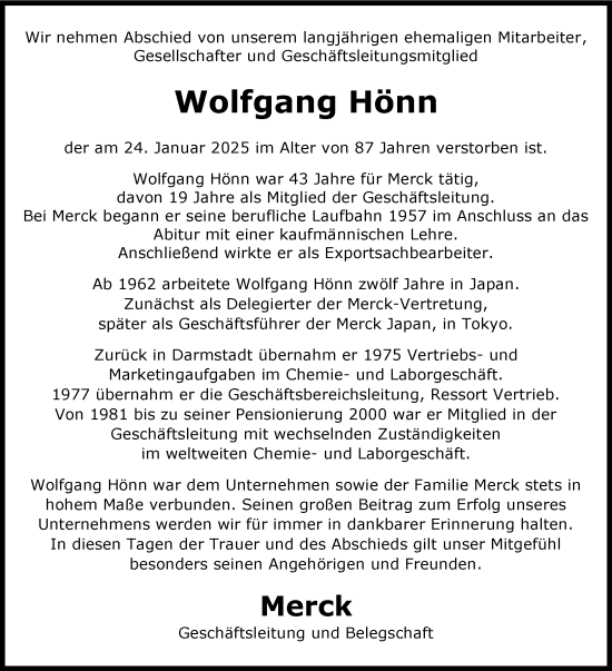 Traueranzeige von Wolfgang Hönn von Darmstädter Echo