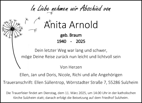 Traueranzeige von Anita Arnold von Allgemeine Zeitung Alzey