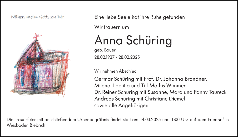  Traueranzeige für Anna Schüring vom 08.03.2025 aus Wiesbadener Kurier
