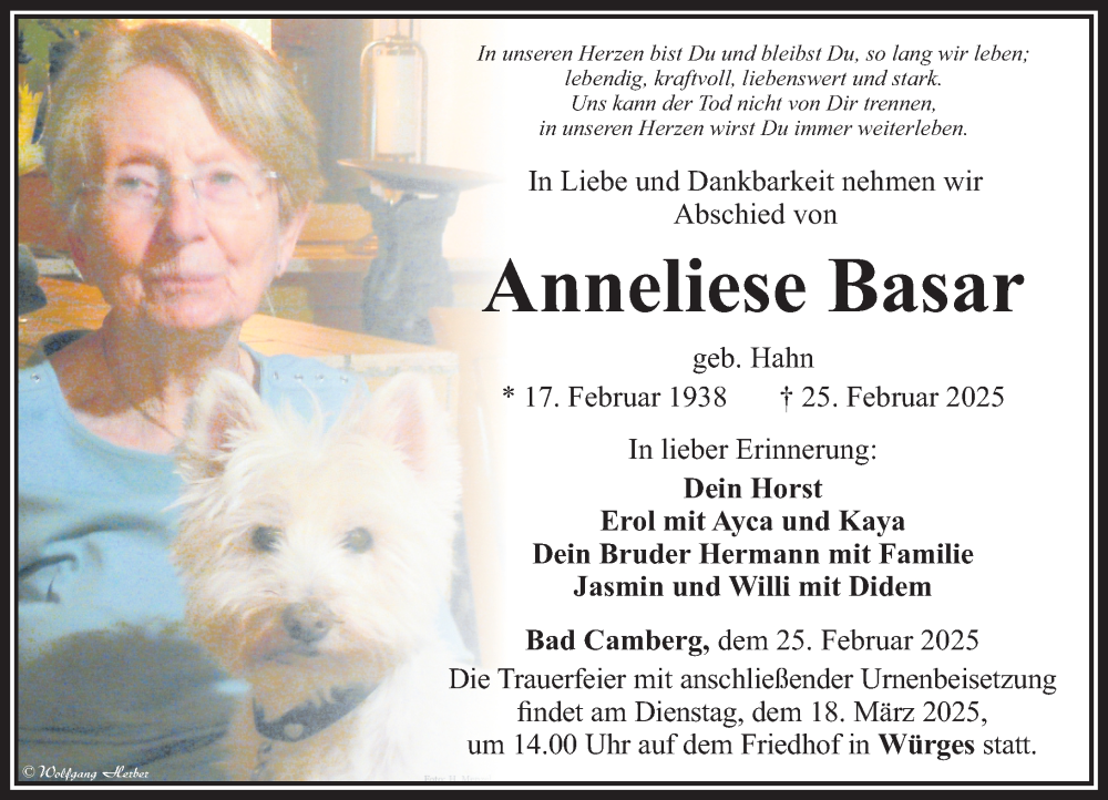  Traueranzeige für Anneliese Basar vom 13.03.2025 aus Camberger Anzeiger