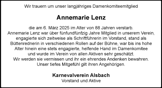 Traueranzeige von Annemarie Lenz von Darmstädter Echo
