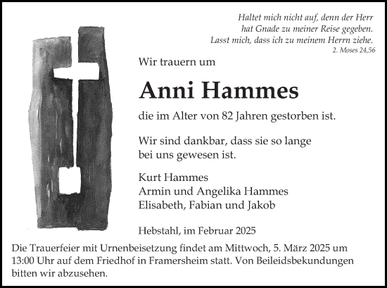 Traueranzeige von Anni Hammes von Allgemeine Zeitung Alzey
