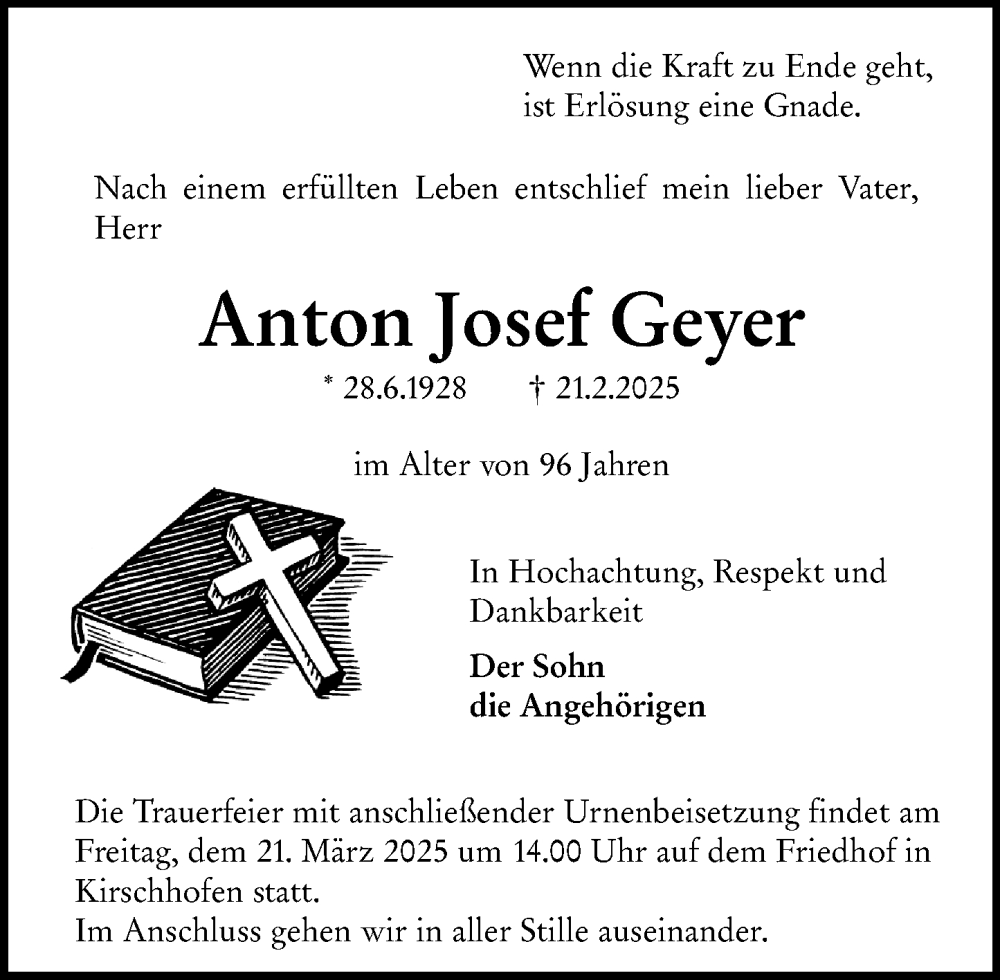  Traueranzeige für Anton Josef Geyer vom 15.03.2025 aus Weilburger Tageblatt