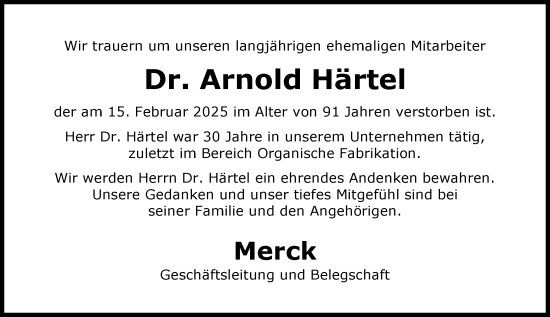 Traueranzeige von Arnold Härtel von Darmstädter Echo