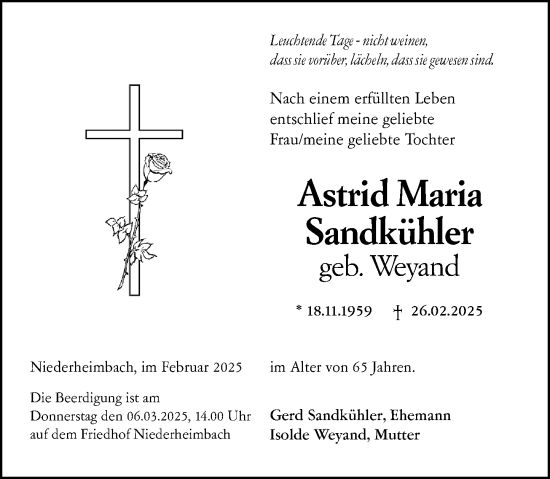 Traueranzeige von Astrid Maria Sandkühler von Allgemeine Zeitung Rheinhessen-Nahe