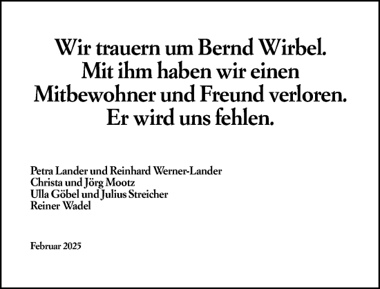 Traueranzeige von Bernd Wirbel von Darmstädter Echo
