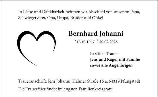 Traueranzeige von Bernhard Johanni von Darmstädter Echo
