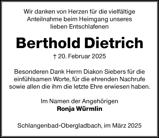Traueranzeige von Berthold Dietrich von Wiesbadener Kurier