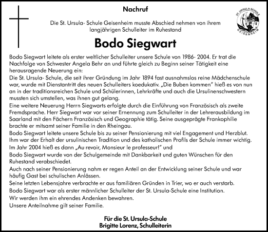 Traueranzeige von Bodo Siegwart von Rheingau Kurier