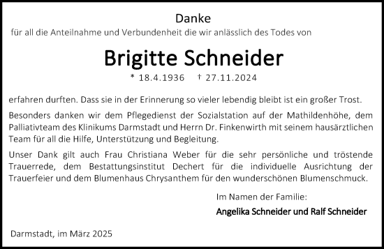 Traueranzeige von Brigitte Schneider von Darmstädter Echo