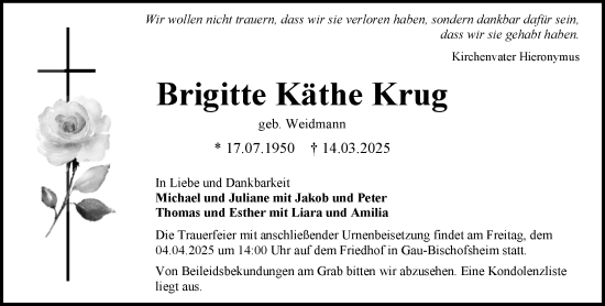 Traueranzeige von Brigitte Käthe Krug von Allgemeine Zeitung Mainz