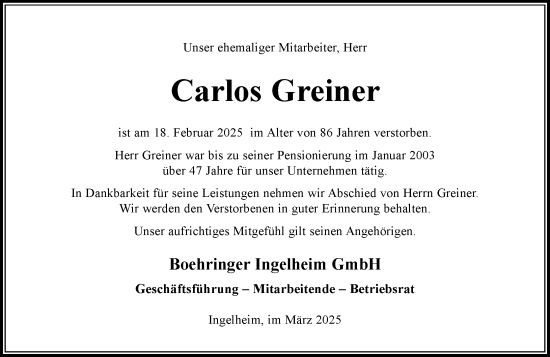 Traueranzeige von Carlos Greiner von Allgemeine Zeitung Rheinhessen-Nahe