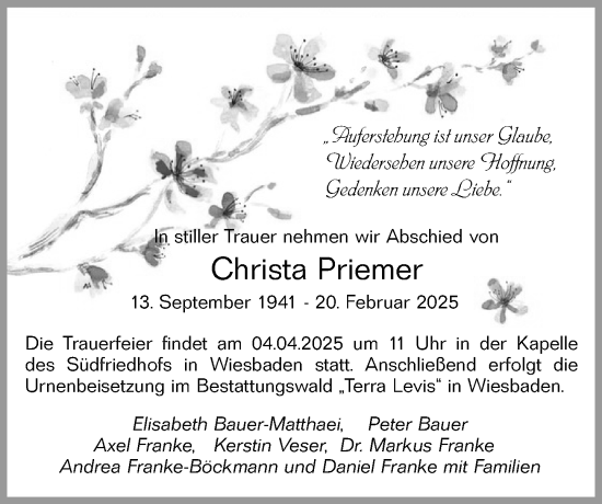 Traueranzeige von Christa Priemer von Wiesbadener Kurier