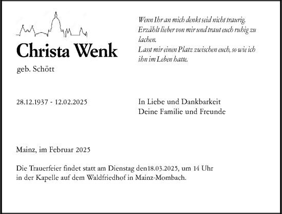 Traueranzeige von Christa Wenk von Allgemeine Zeitung Mainz