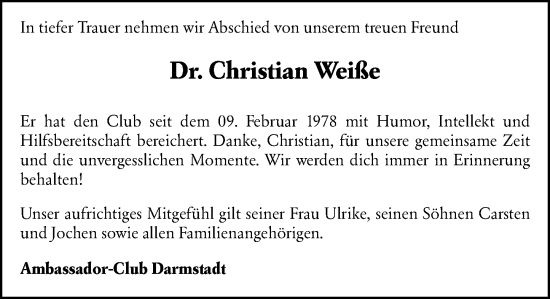 Traueranzeige von Christian Weiße von Darmstädter Echo