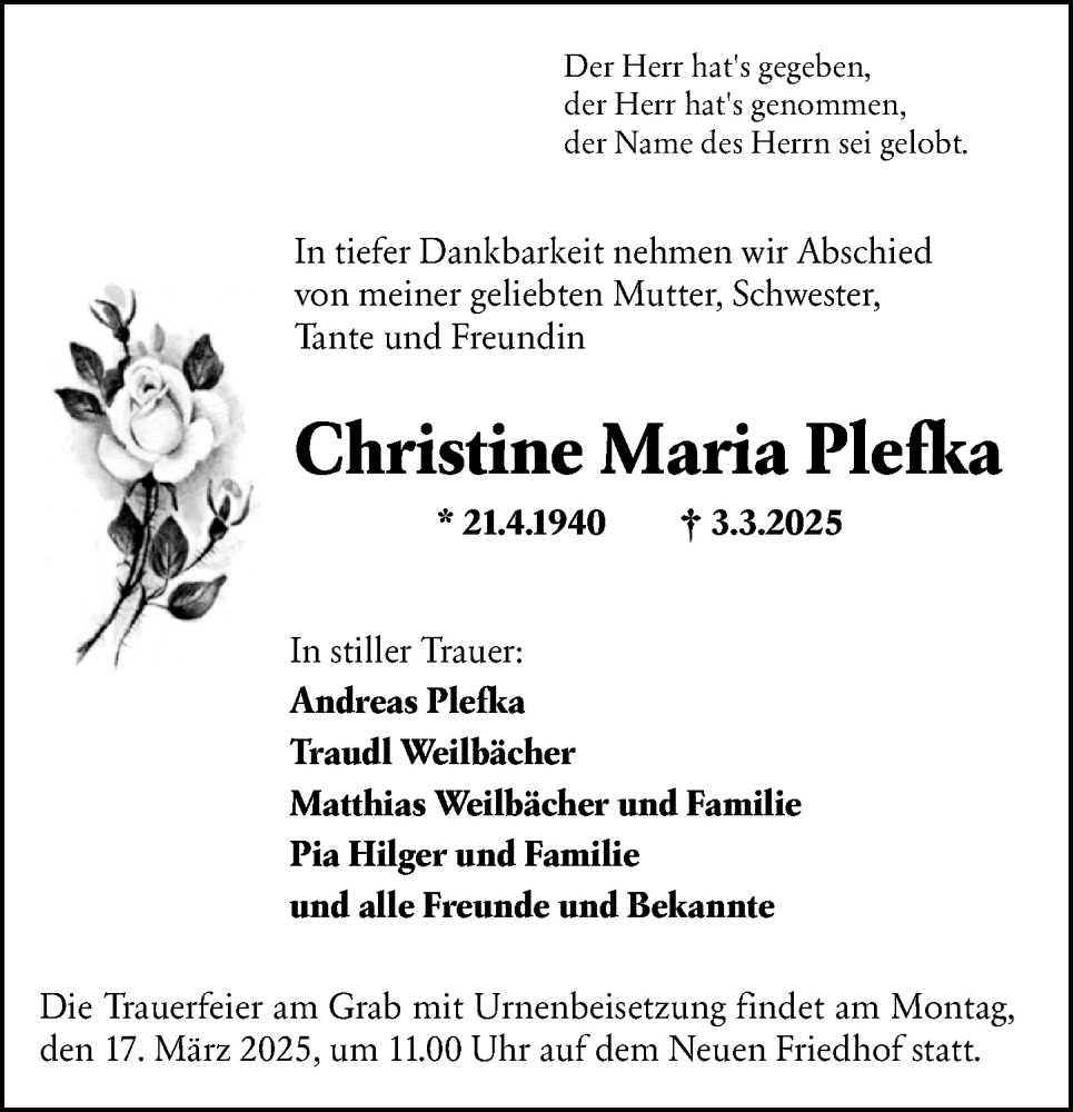  Traueranzeige für Christine Maria Plefka vom 14.03.2025 aus Hochheimer Zeitung
