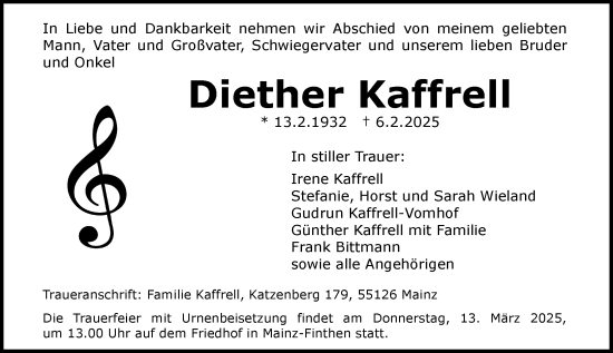 Traueranzeige von Diether Kaffrell von Allgemeine Zeitung Mainz