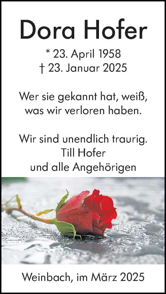 Traueranzeige von Dora Hofer von Weilburger Tageblatt