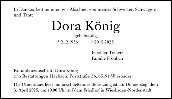 Traueranzeige von Dora König von Wiesbadener Kurier