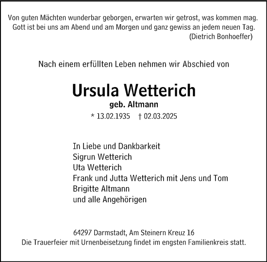 Traueranzeige von Ursula Wetterich von Darmstädter Echo