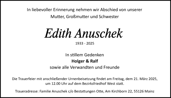 Traueranzeige von Edith Anuschek von Allgemeine Zeitung Mainz