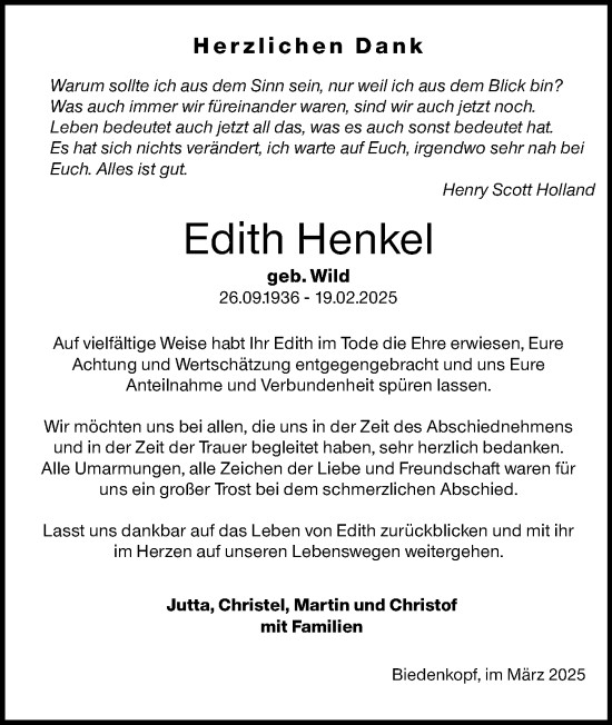 Traueranzeige von Edith Henkel von Hinterländer Anzeiger