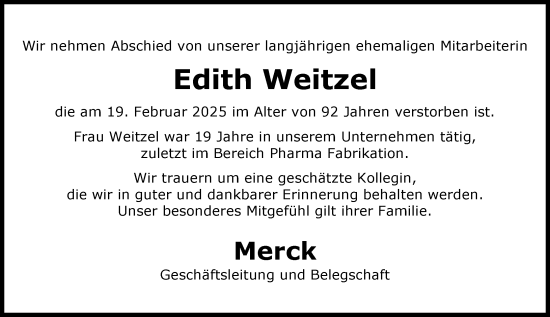 Traueranzeige von Edith Weitzel von Darmstädter Echo