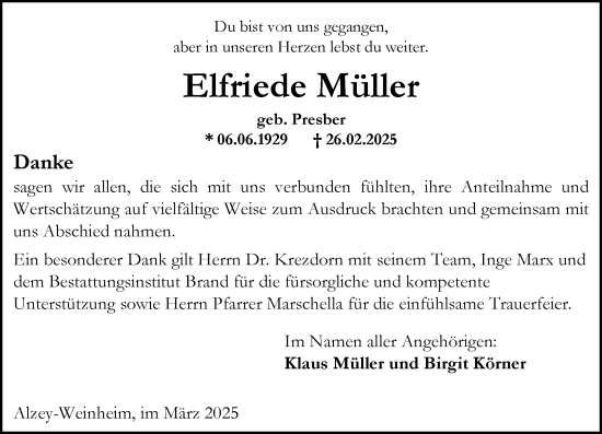 Traueranzeige von Elfriede Müller von Allgemeine Zeitung Alzey