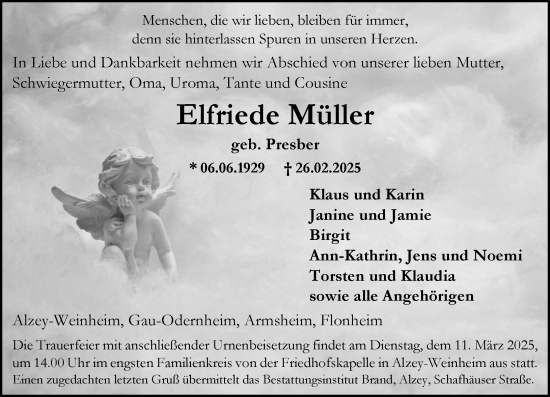 Traueranzeige von Elfriede Müller von Allgemeine Zeitung Alzey