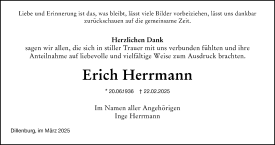 Traueranzeige von Erich Herrmann von Dill Block