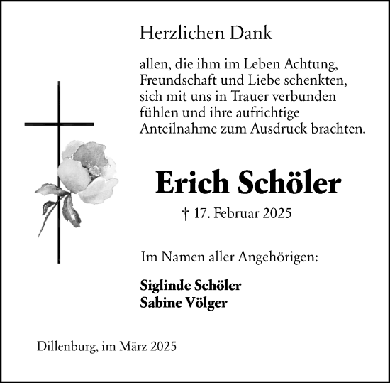 Traueranzeige von Erich Schöler von Dill Block